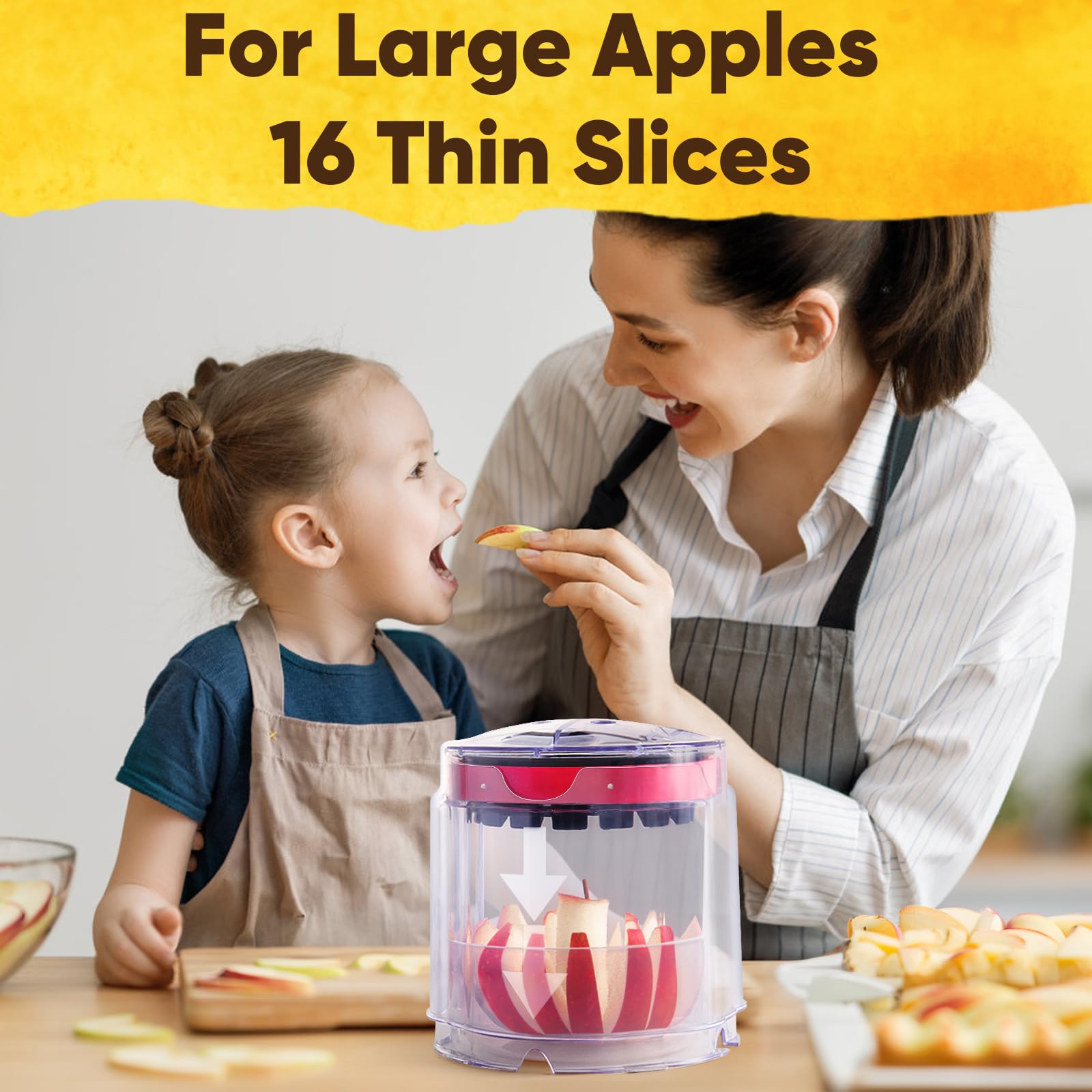 Newness Apple Slicer transparent bowl capturing sliced pieces.