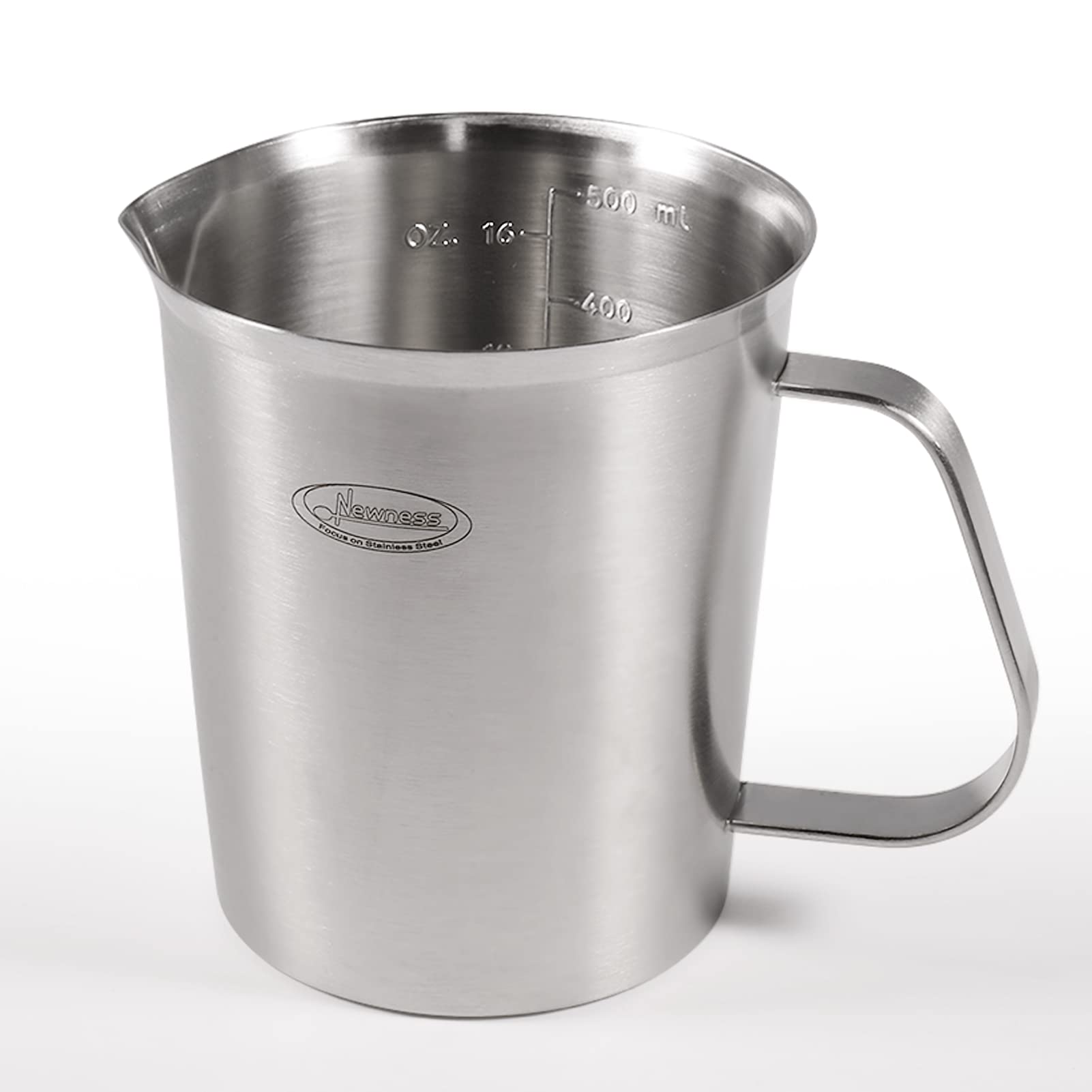 Newness measuring cup with inside scales for precise OZ/ML/Cup measurements.