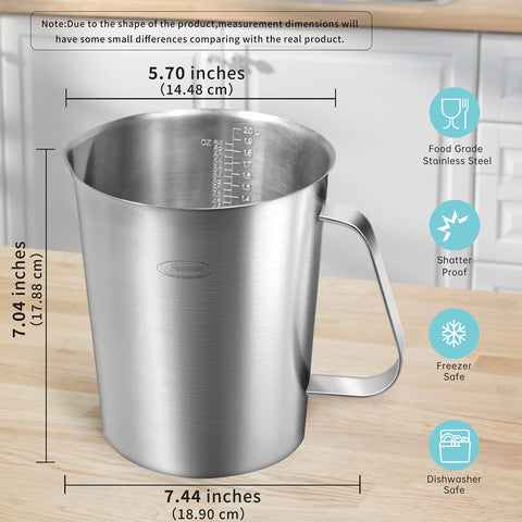 Newness measuring cup with solid angled handle for secure pouring.
