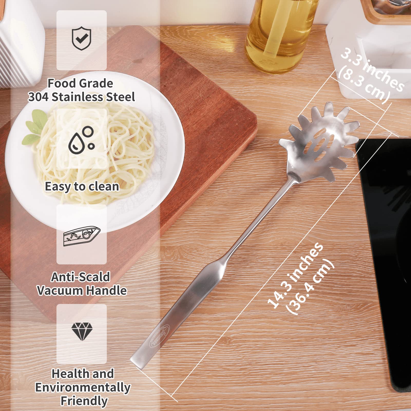 Newness pasta fork with integral forming for durability and clean lines.