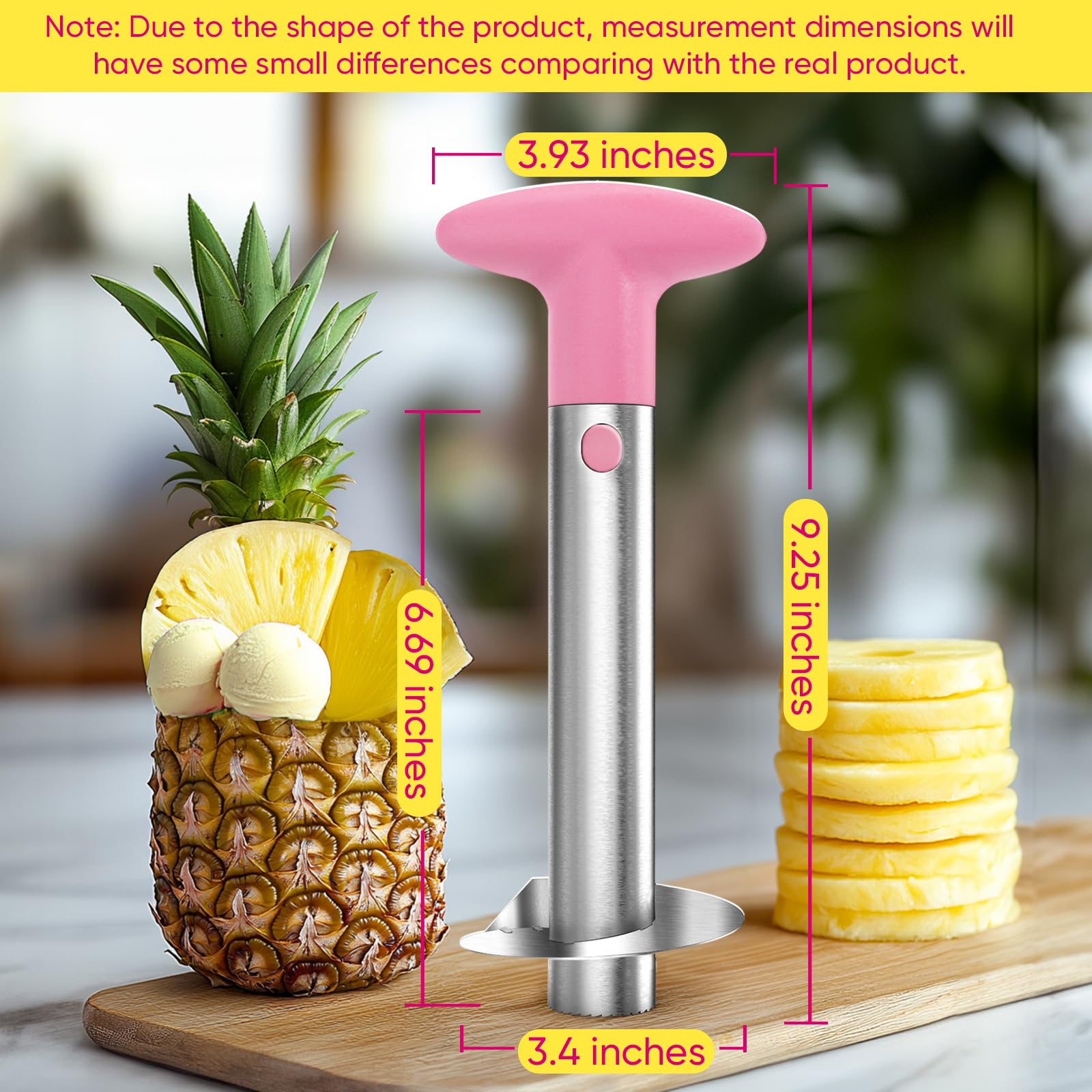 Newness pineapple corer pink-handle variant adds playful kitchen color.