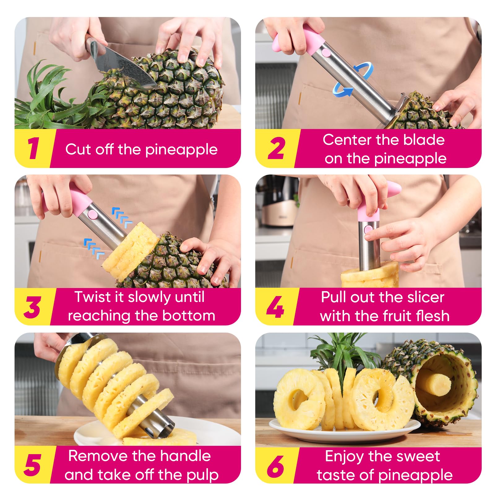 Newness pineapple corer creates even rings for attractive fruit presentation.