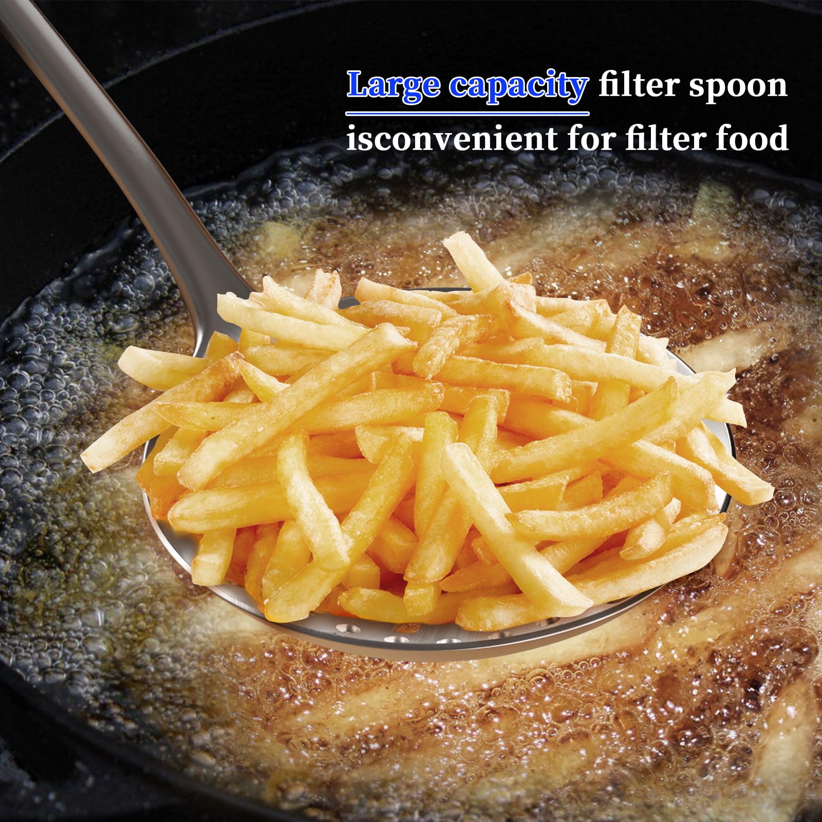 Newness Skimmer Slotted Spoon versatile tool for fries, eggs, and vegetables.