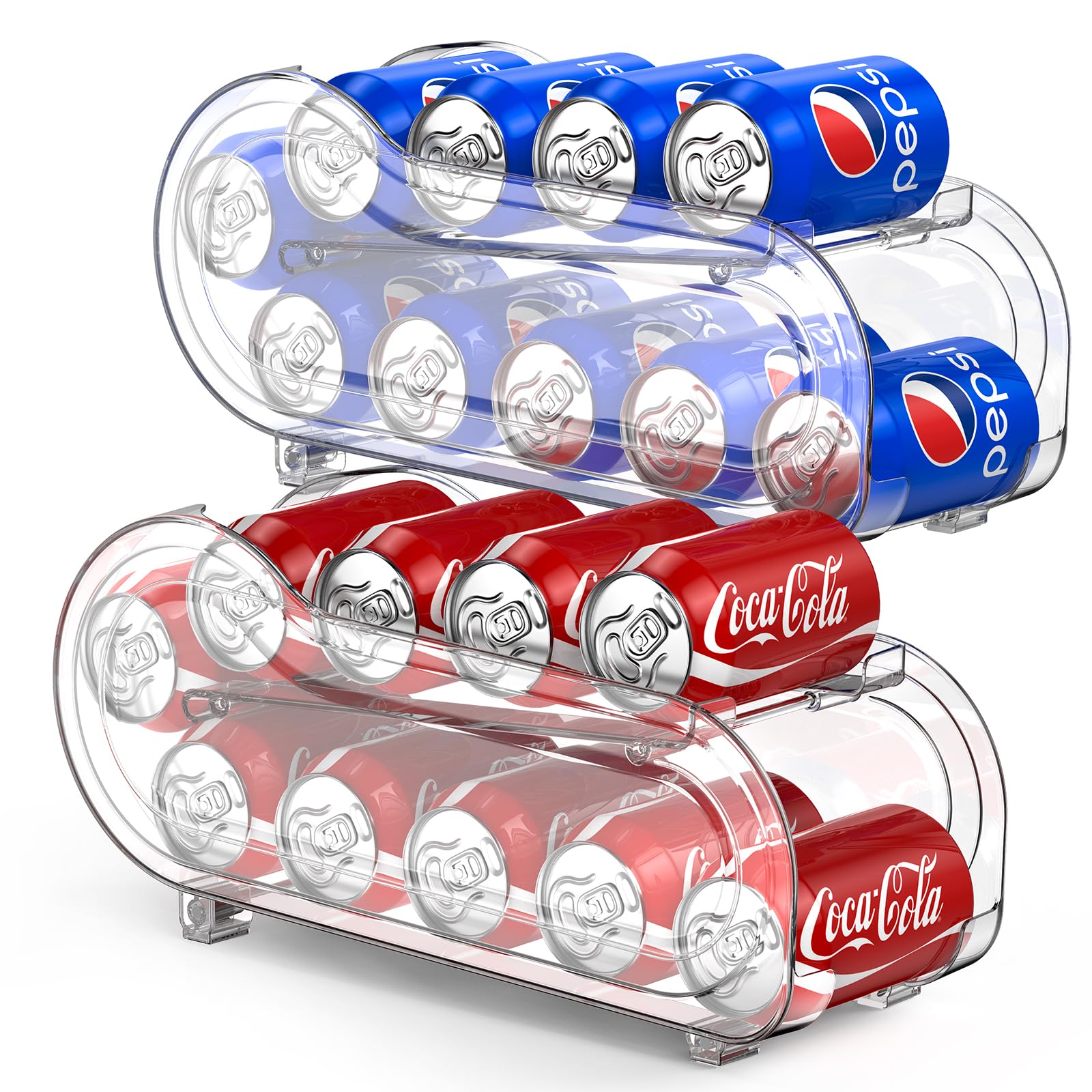 NEWNUBI two-pack auto-rolling soda can organizer in fridge keeps short cans neatly accessible.