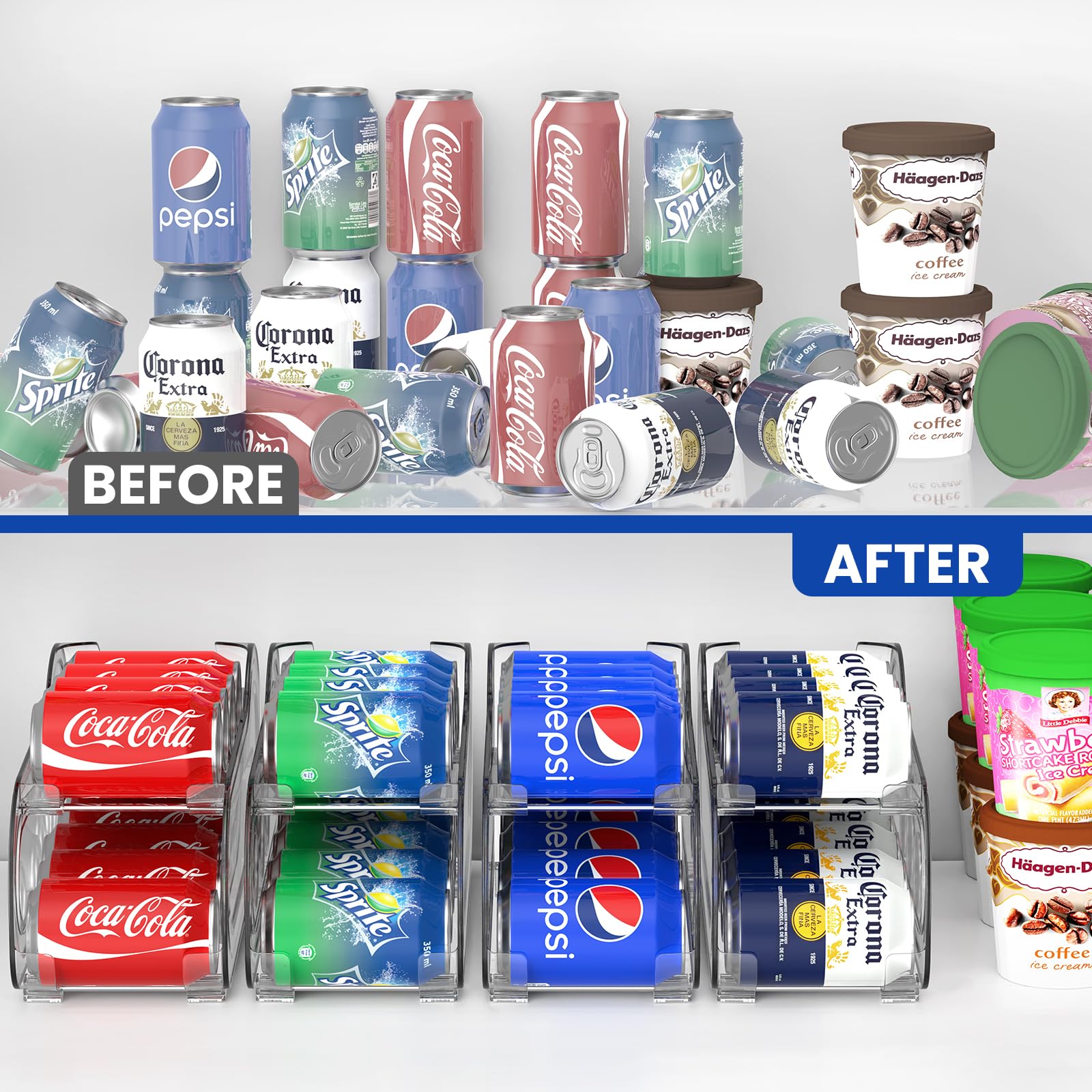 NEWNUBI versatile beverage organizer fits soda, beer, and energy drinks.