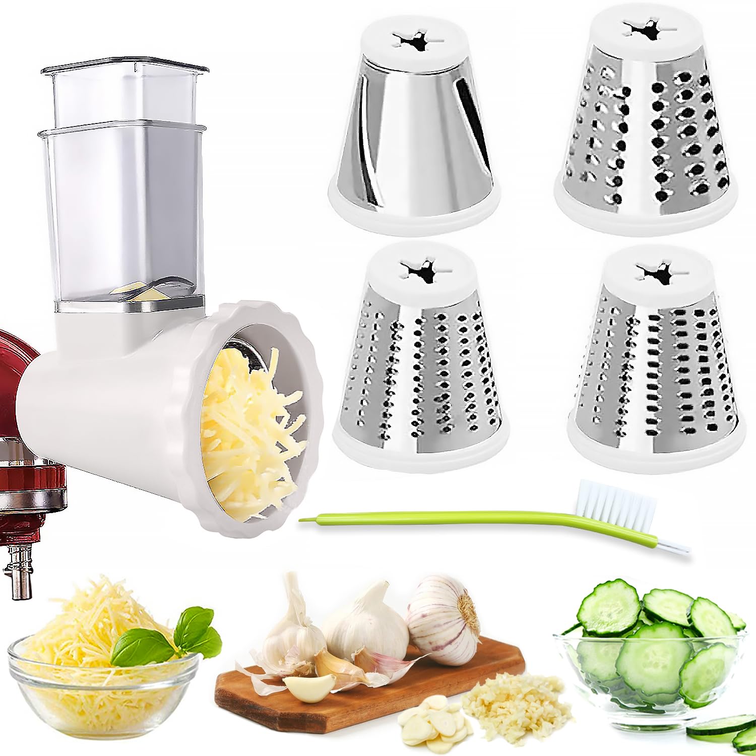 NEWSETS cheese grater slicer attachment front view showing compact design for fast shredding and slicing