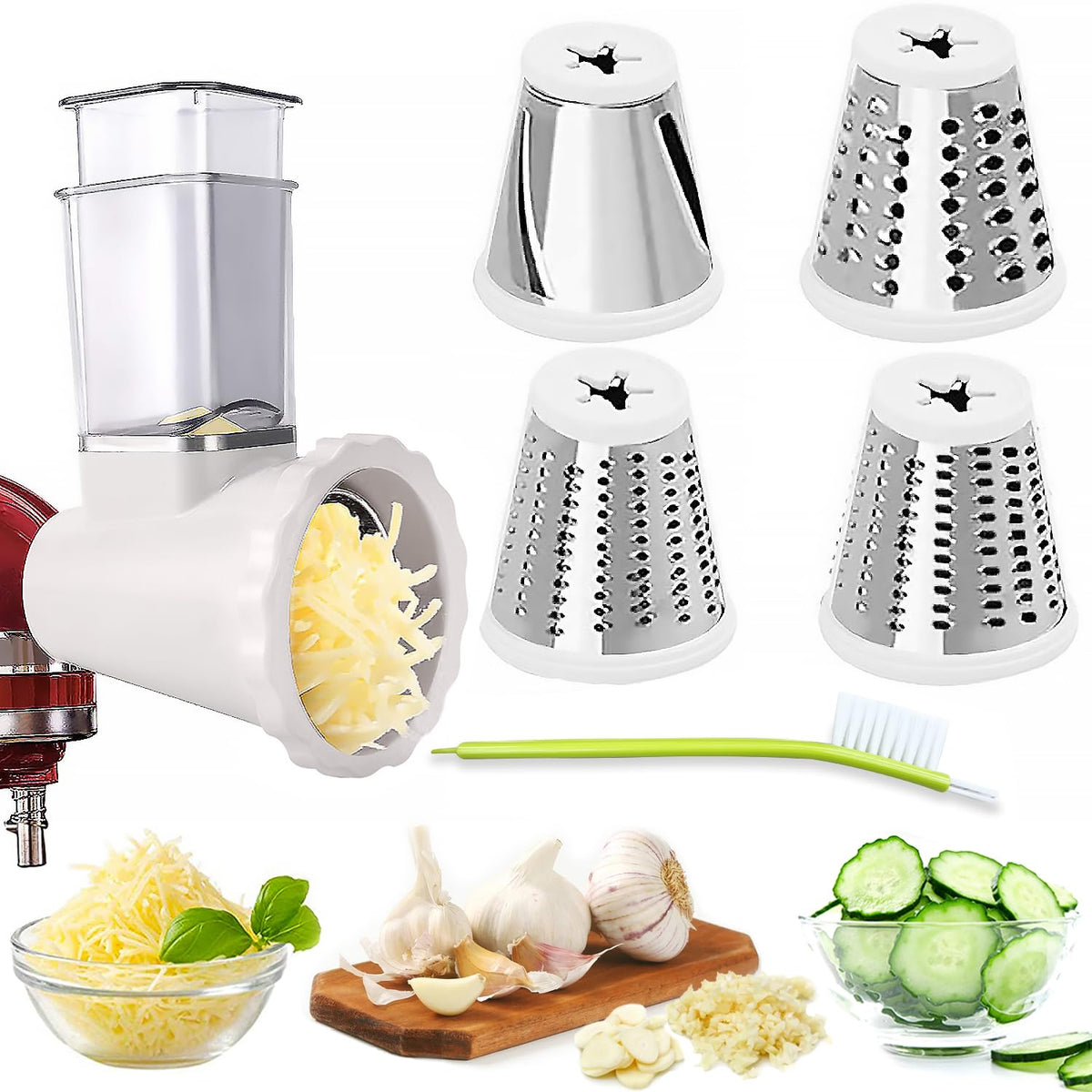 NEWSETS cheese grater slicer attachment front view showing compact design for fast shredding and slicing