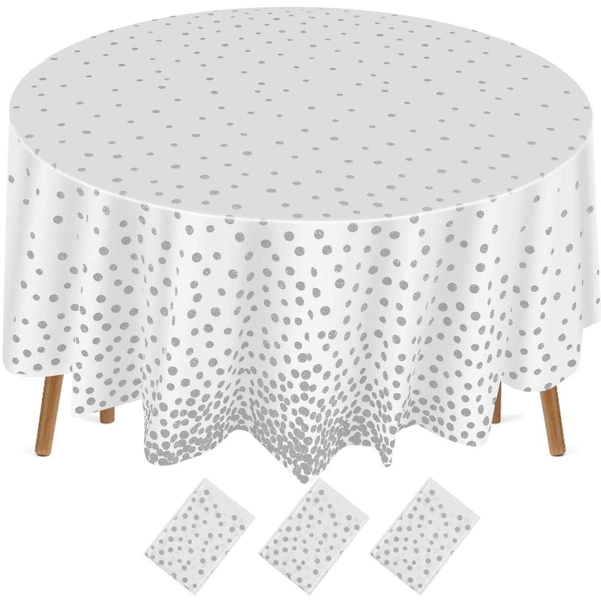 Newwiee round-dot tablecloth 84 inch in white and silver dots protects surfaces at weddings