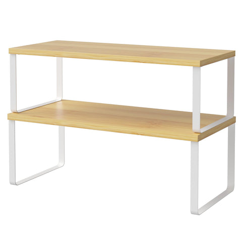 NEX Bamboo cabinet organizer duo on counter, natural and white finish for clutter-free spaces.