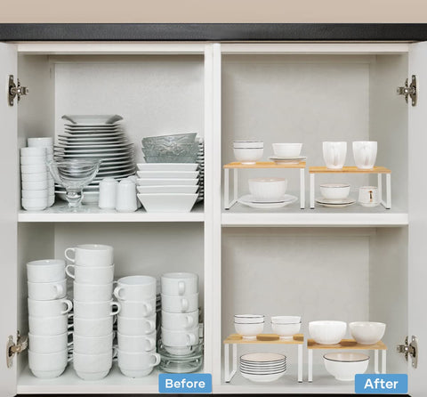 NEX low-shelf in white natural finish maximizes compact counter storage