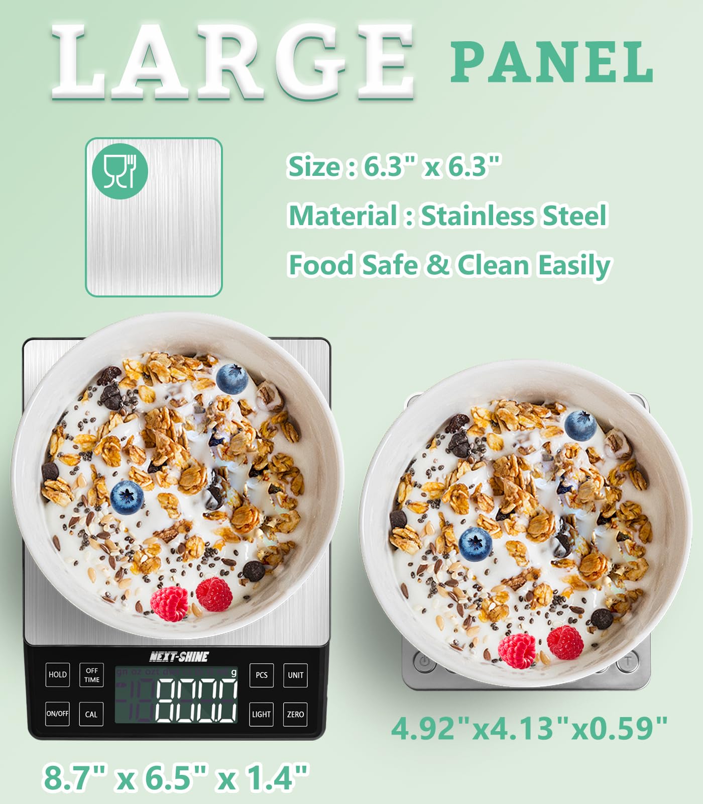 NEXT-SHINE scale showing nine units for versatile recipe measurements.