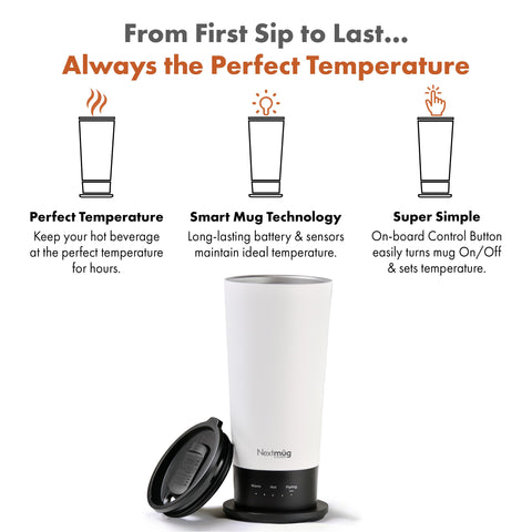 Nextmug Go 16oz travel mug in white keeps beverages ready while commuting.