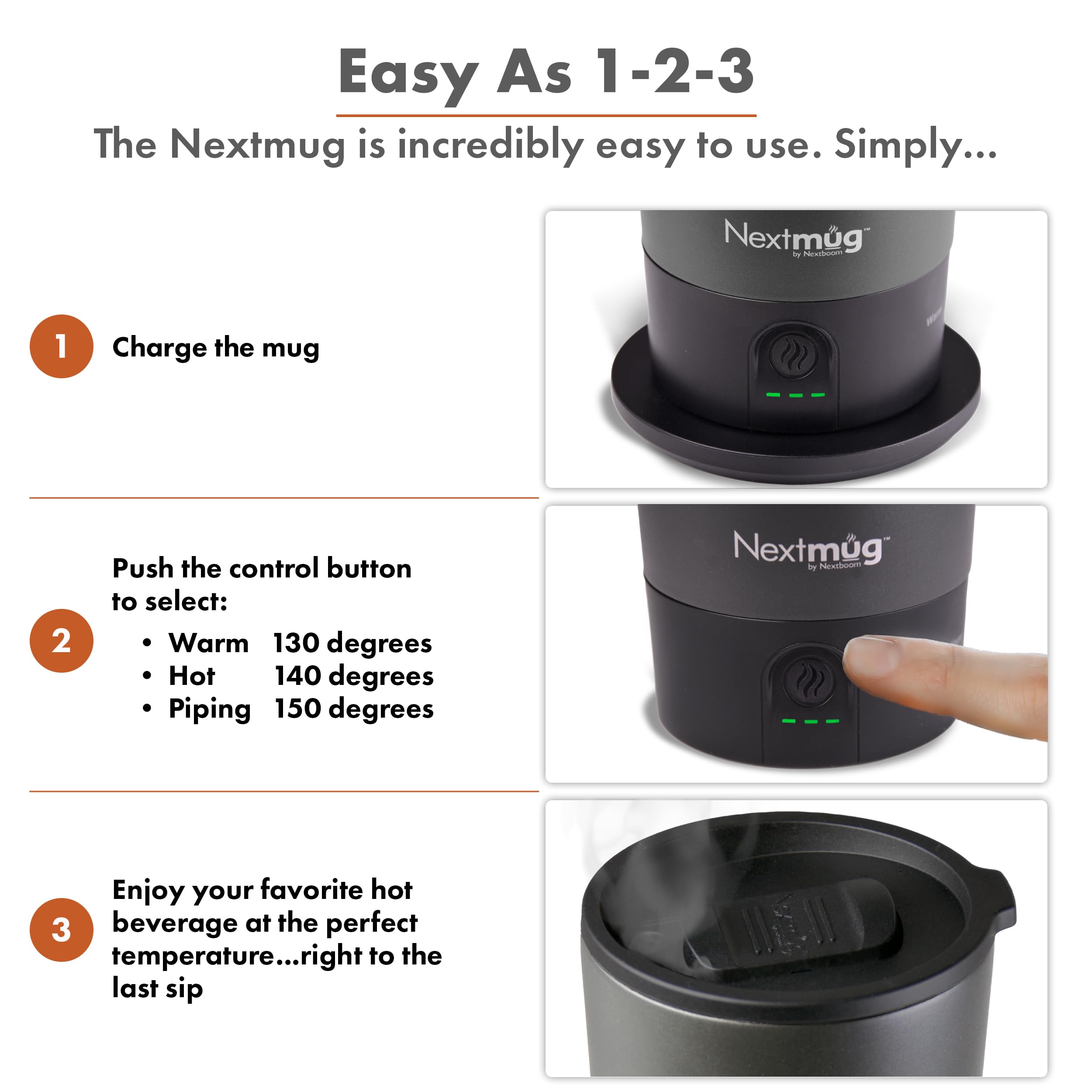 Nextmug Go docking coaster illustrates easy charging and extended battery life