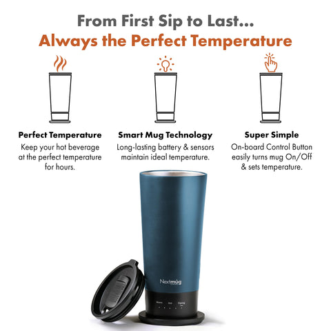 Nextmug Go shows temperature presets 130/140/150°F for your preferred warmth.