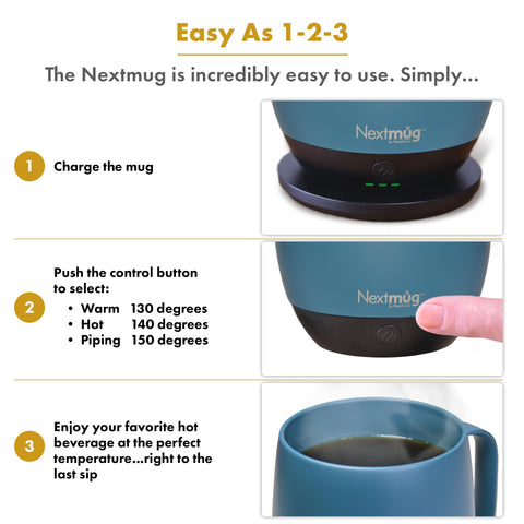 Nextmug LED display shows battery life and current temperature.