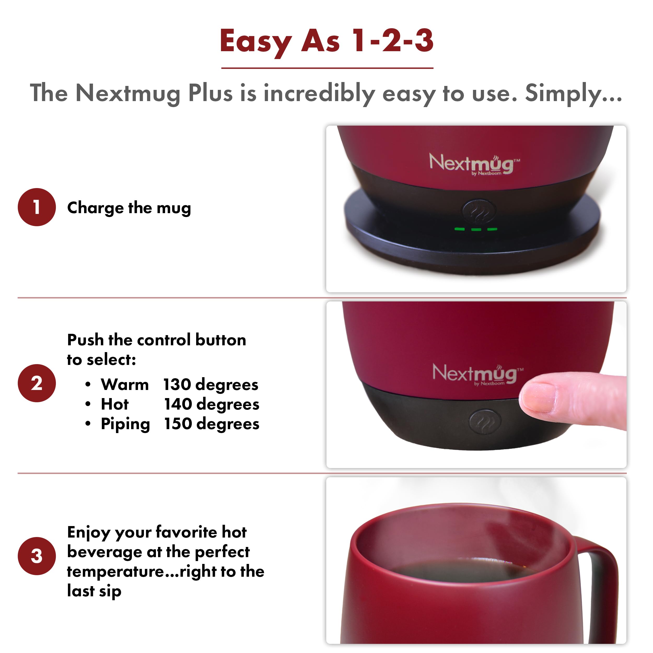 Nextmug Plus Burgundy 18 oz docking coaster enables easy charging
