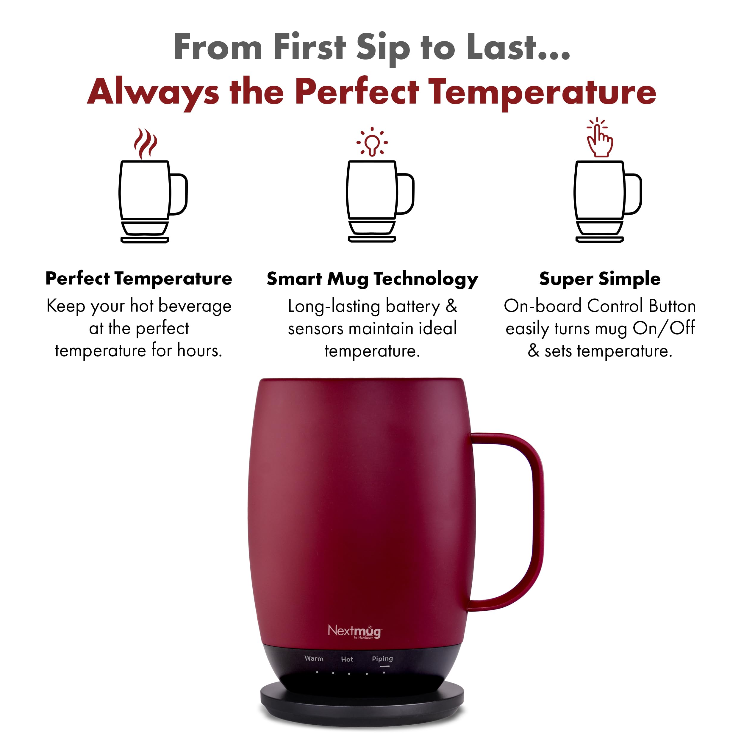 Nextmug Plus Burgundy 18 oz temp display shows current heat level