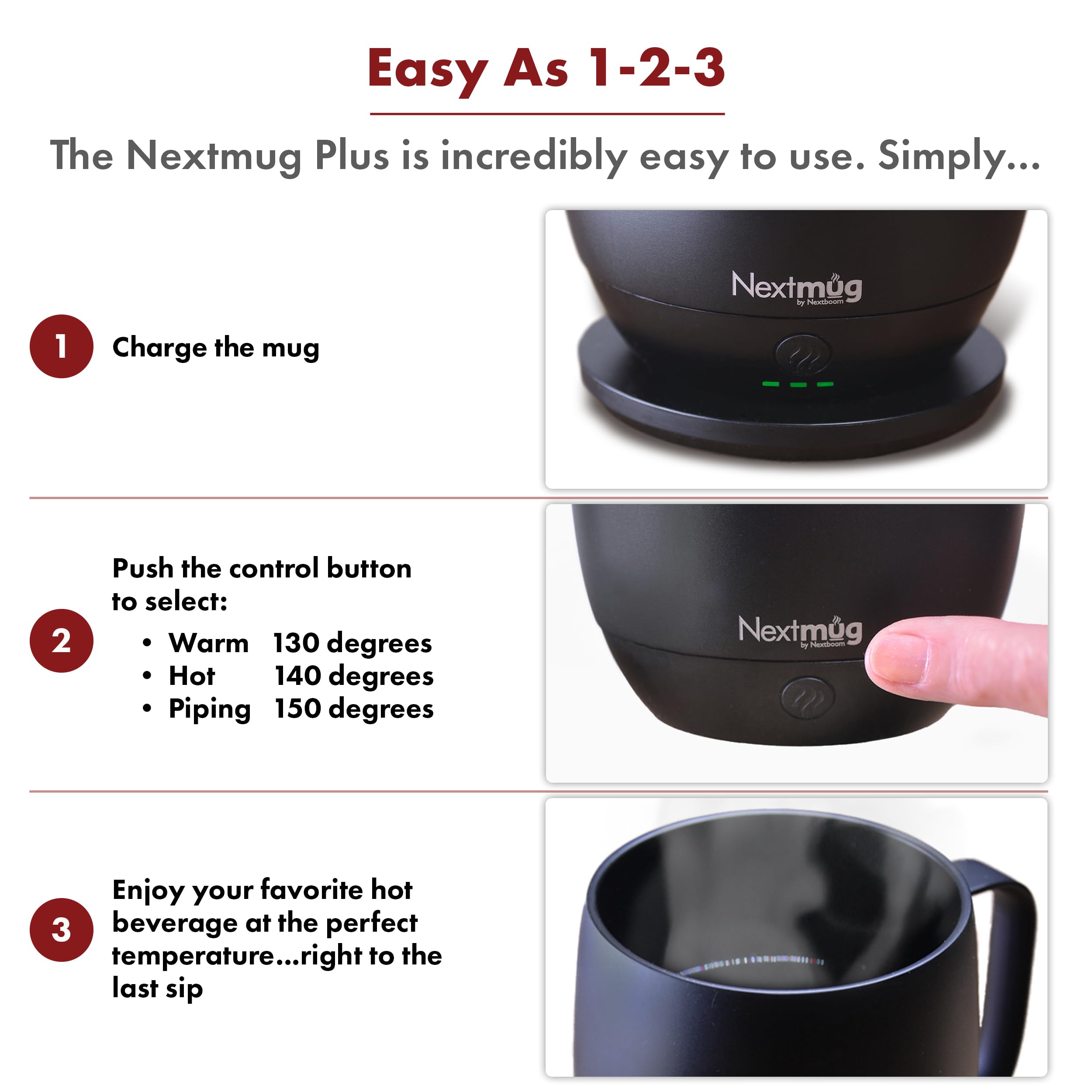 Nextmug Plus temperature options show 130–150°F warmth