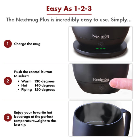 Nextmug Plus temperature options show 130–150°F warmth