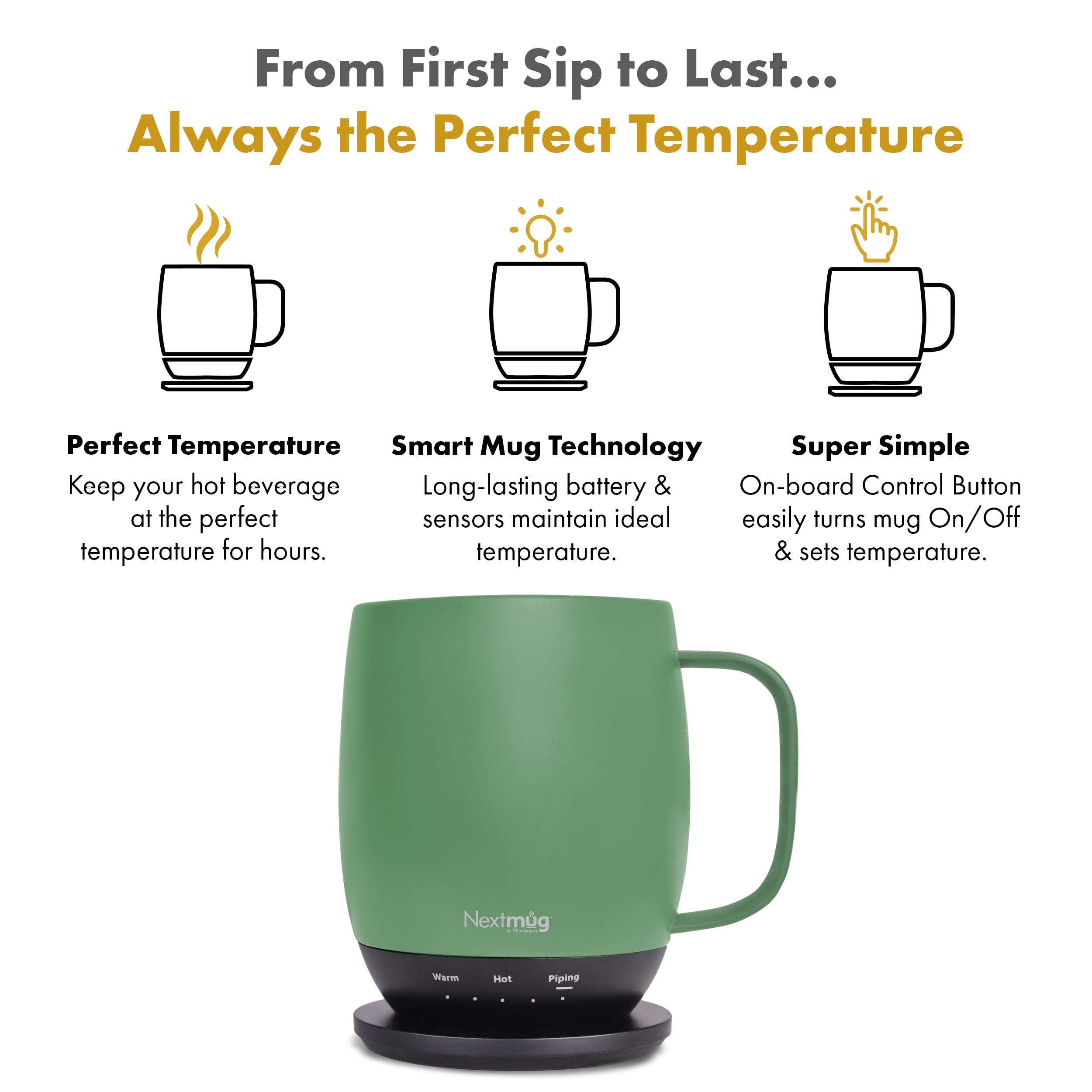 Nextmug Sage 14oz on charging dock shows battery and temperature indicators.