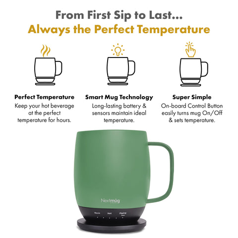 Nextmug Sage 14oz on charging dock shows battery and temperature indicators.
