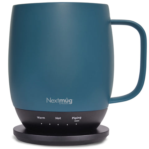 Nextmug slate blue 14oz mug maintains temperature on the desk.