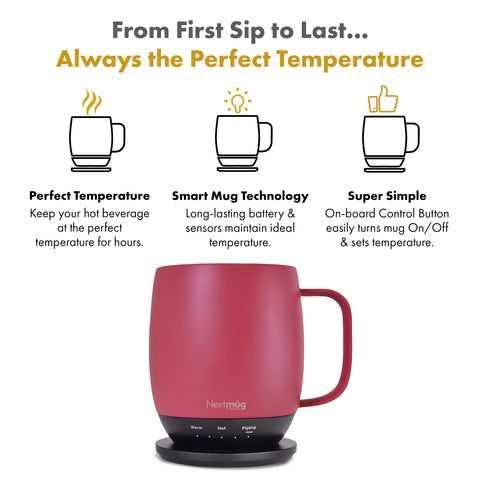 Nextmug temperature-control-mug demonstrates easy warmth settings for coffee or tea