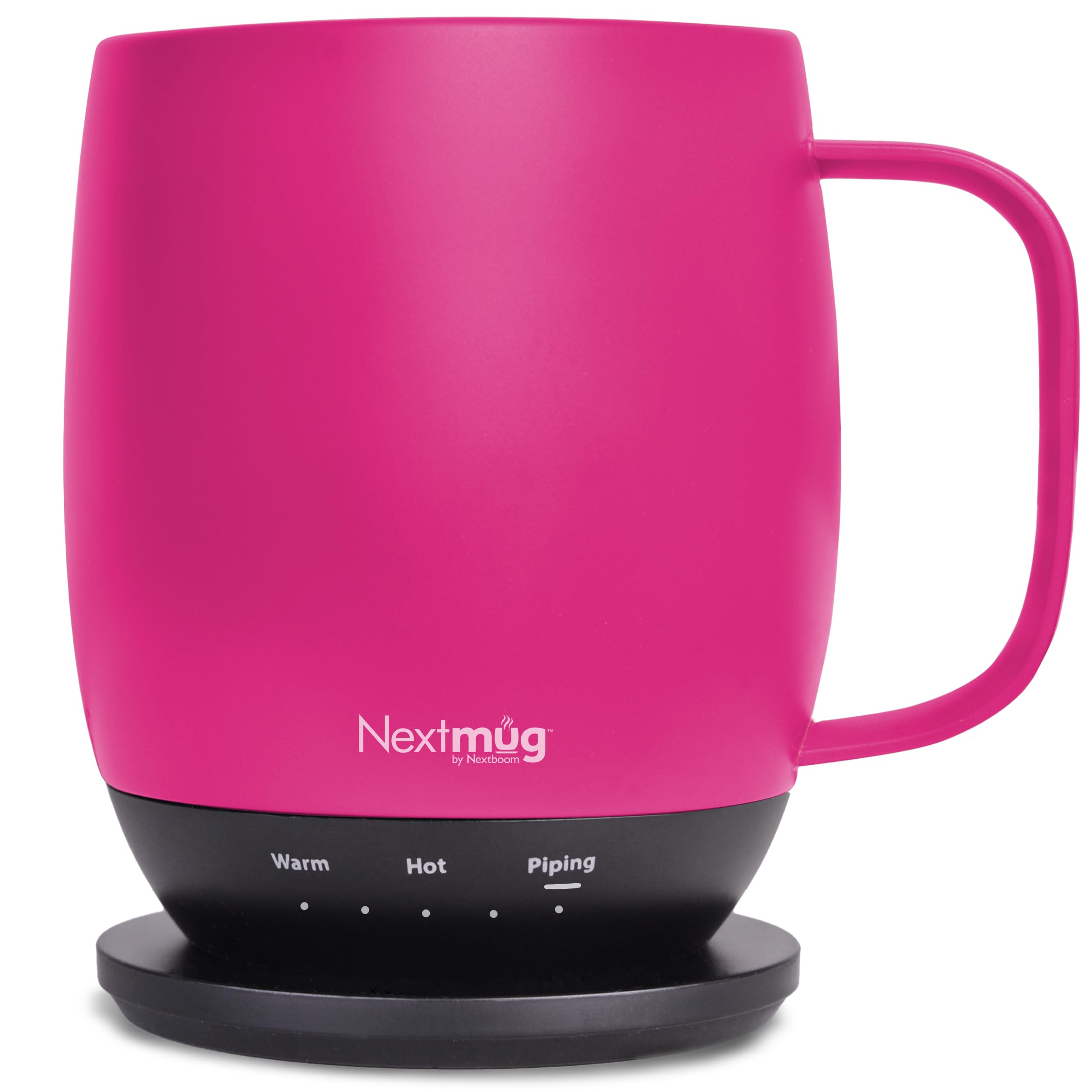 Nextmug True Pink 14 oz on desk maintains beverage temperature for busy mornings.
