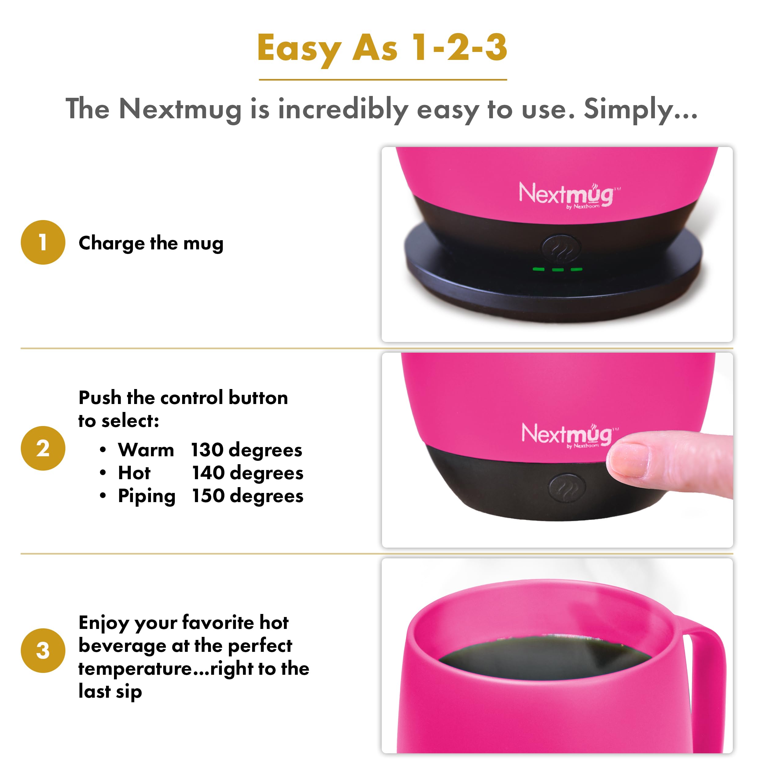 Nextmug True Pink on-board control button for quick temperature adjustments.