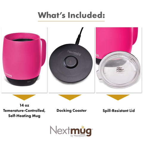 Nextmug True Pink spill-resistant lid prevents splashes during transport.