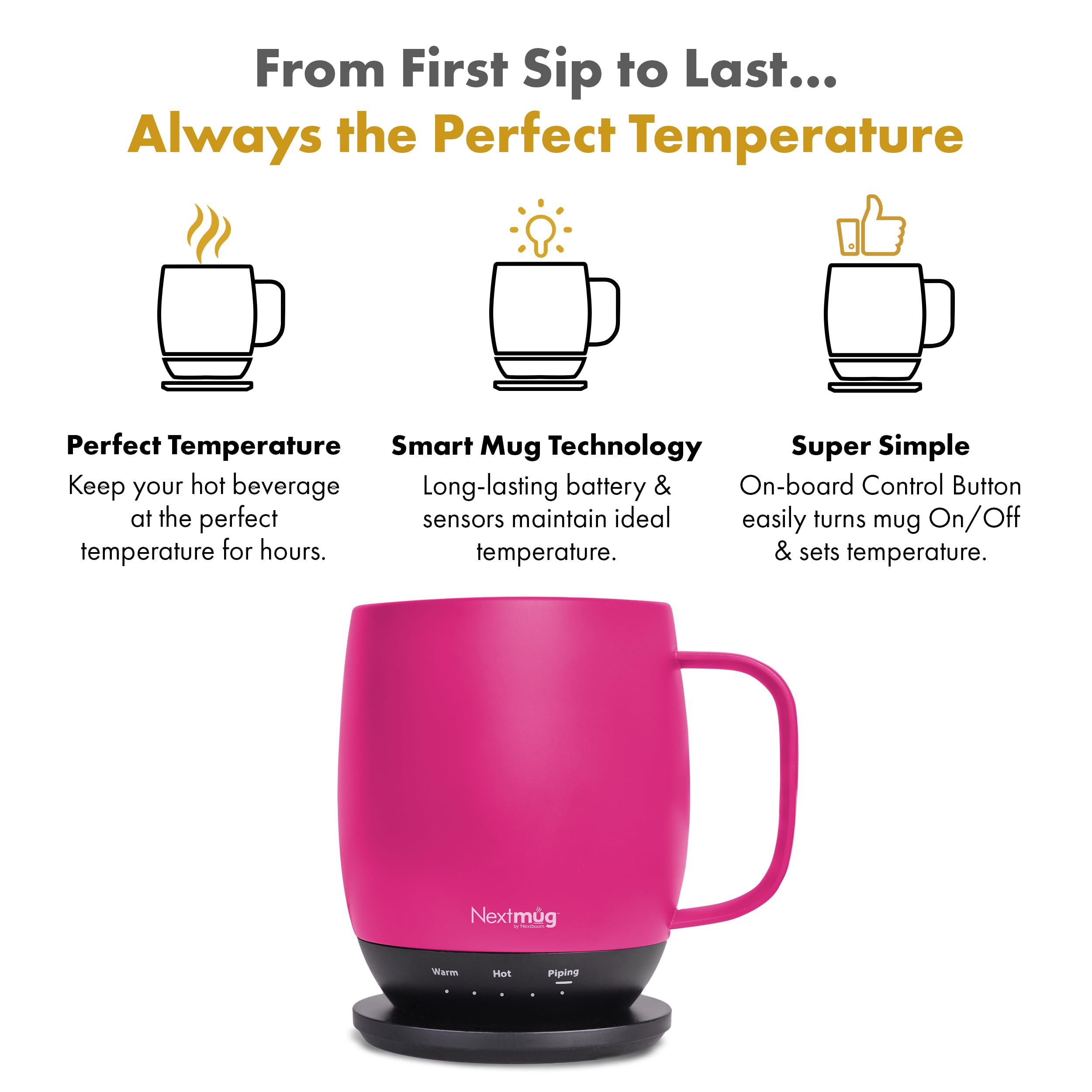 Nextmug True Pink temp display shows real-time heat level.