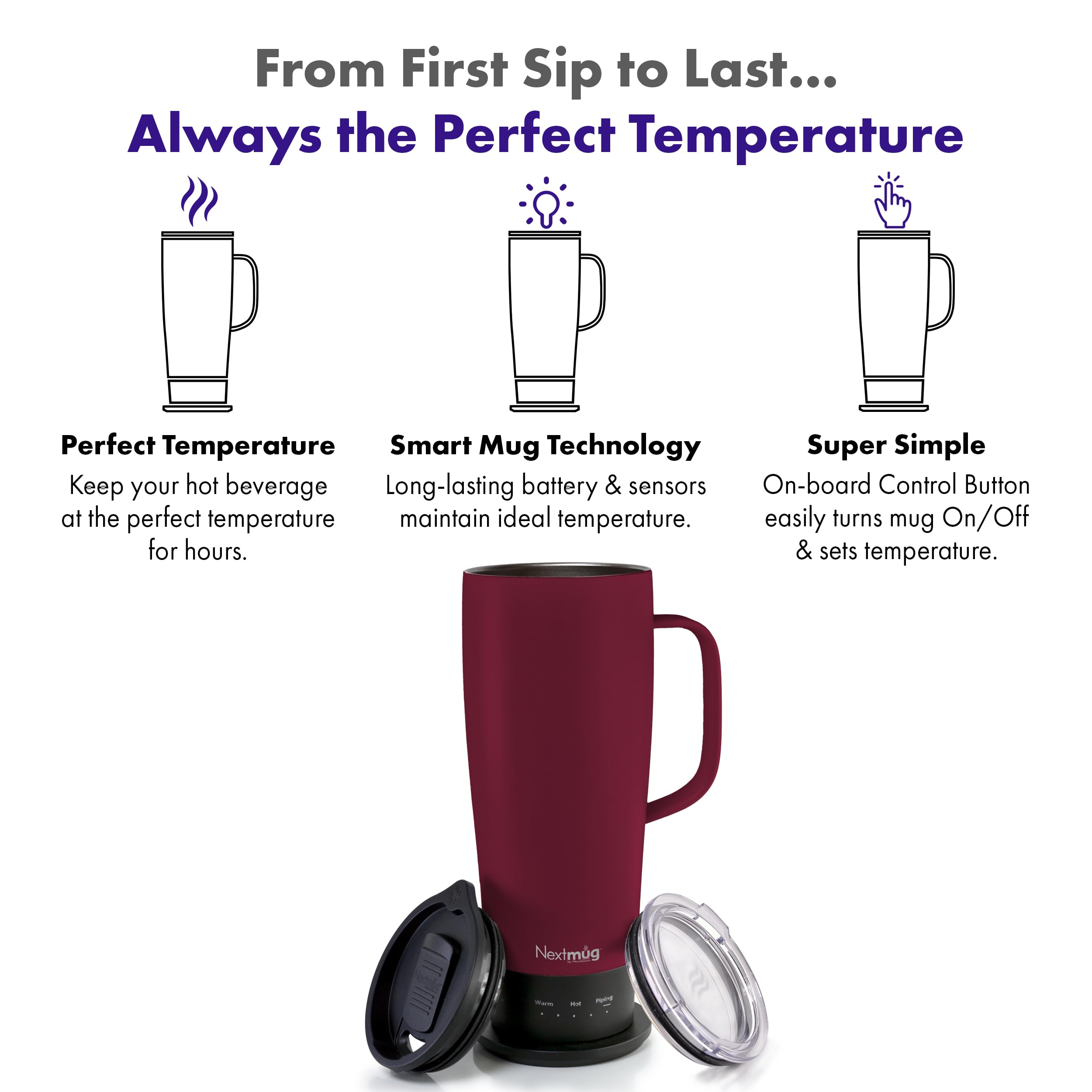 Nextmug Ultra highlights long-battery-life for hours of warmth.