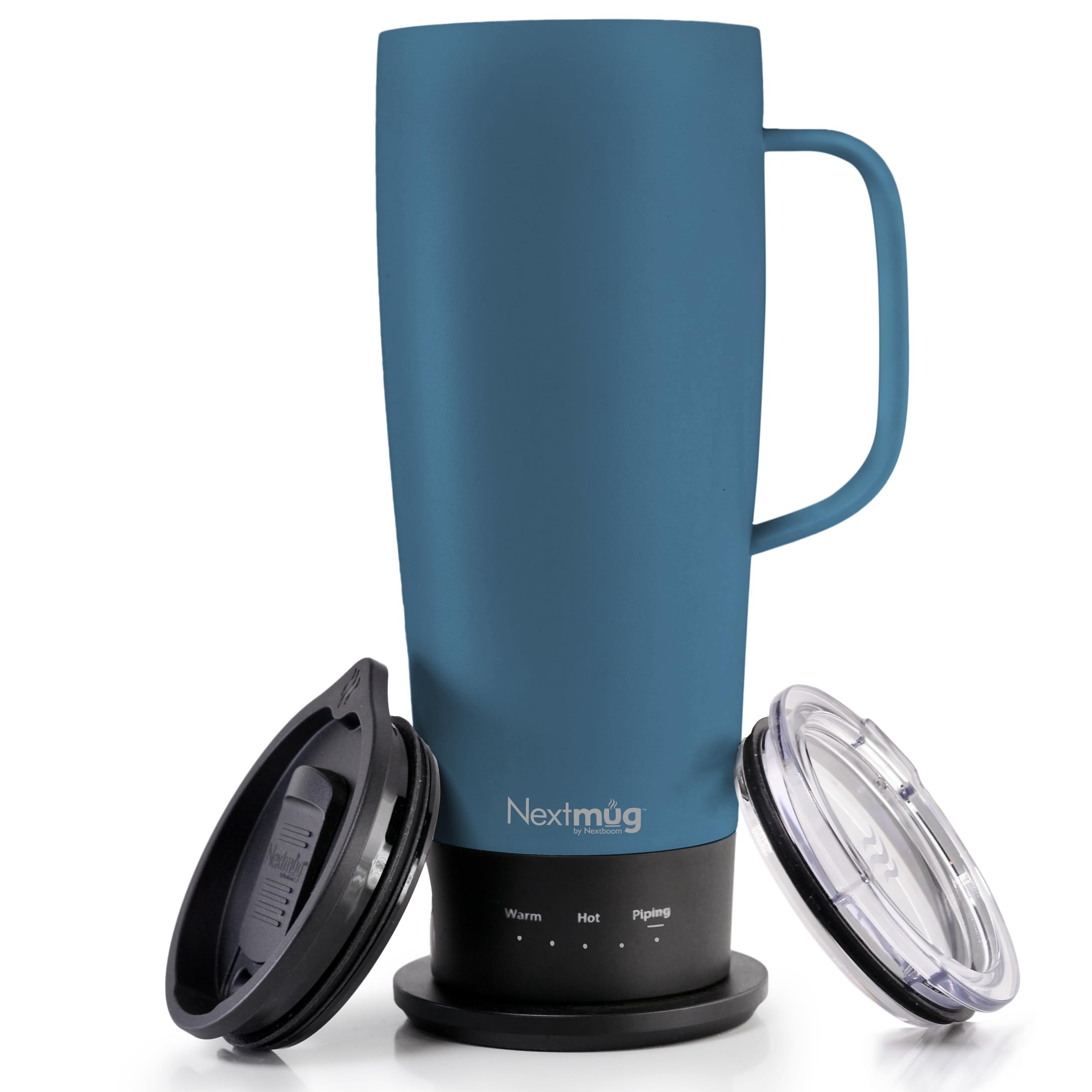 Nextmug Ultra on docking coaster showing convenient charging for travel-ready performance.