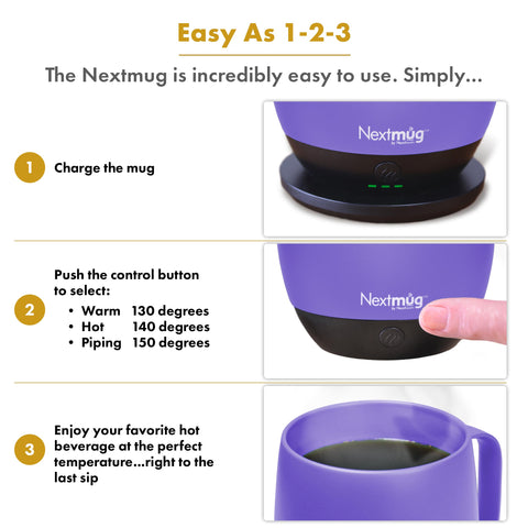 Nextmug Violet 14oz charging coaster keeps mug ready between uses.