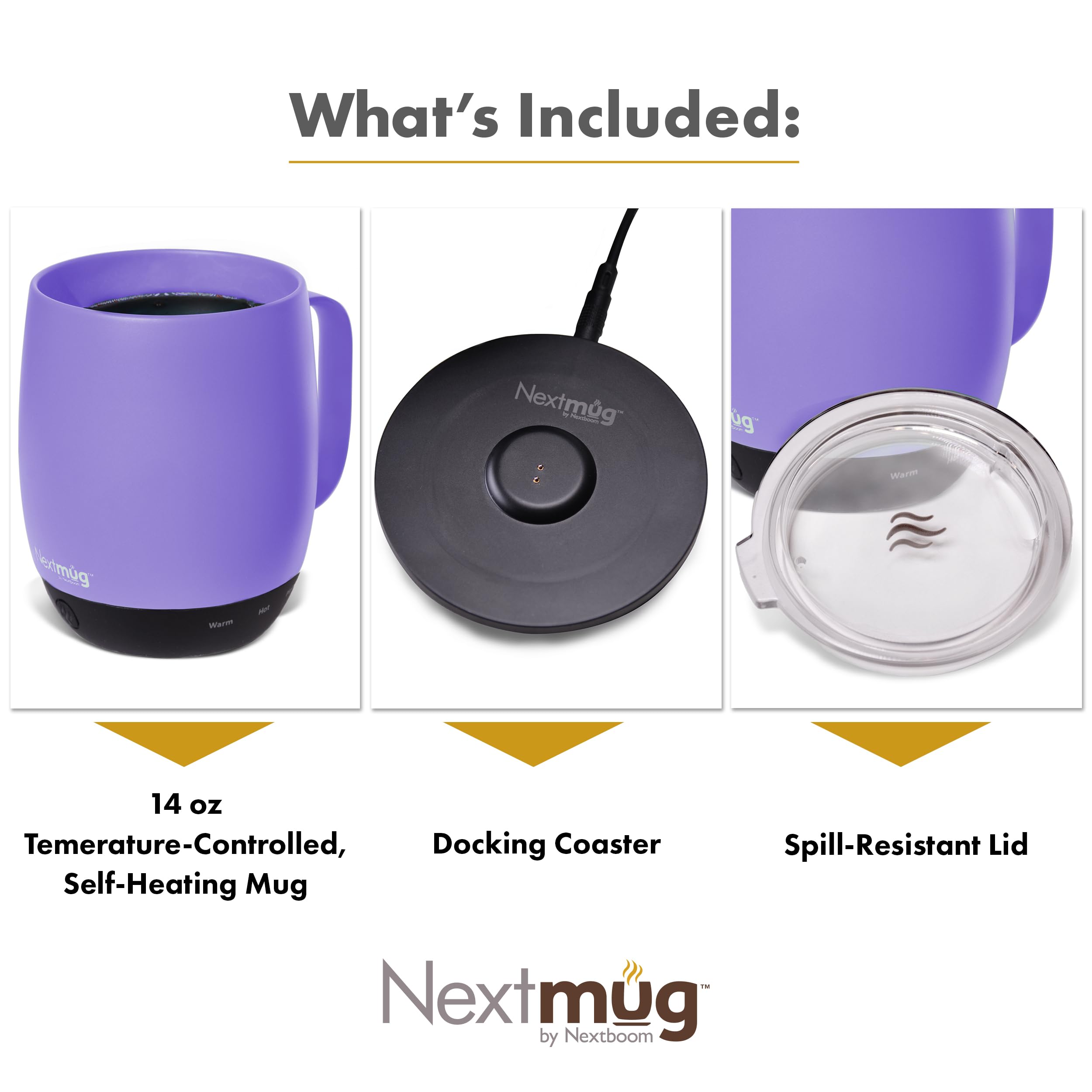 Nextmug Violet 14oz LED battery indicator shows remaining power clearly.