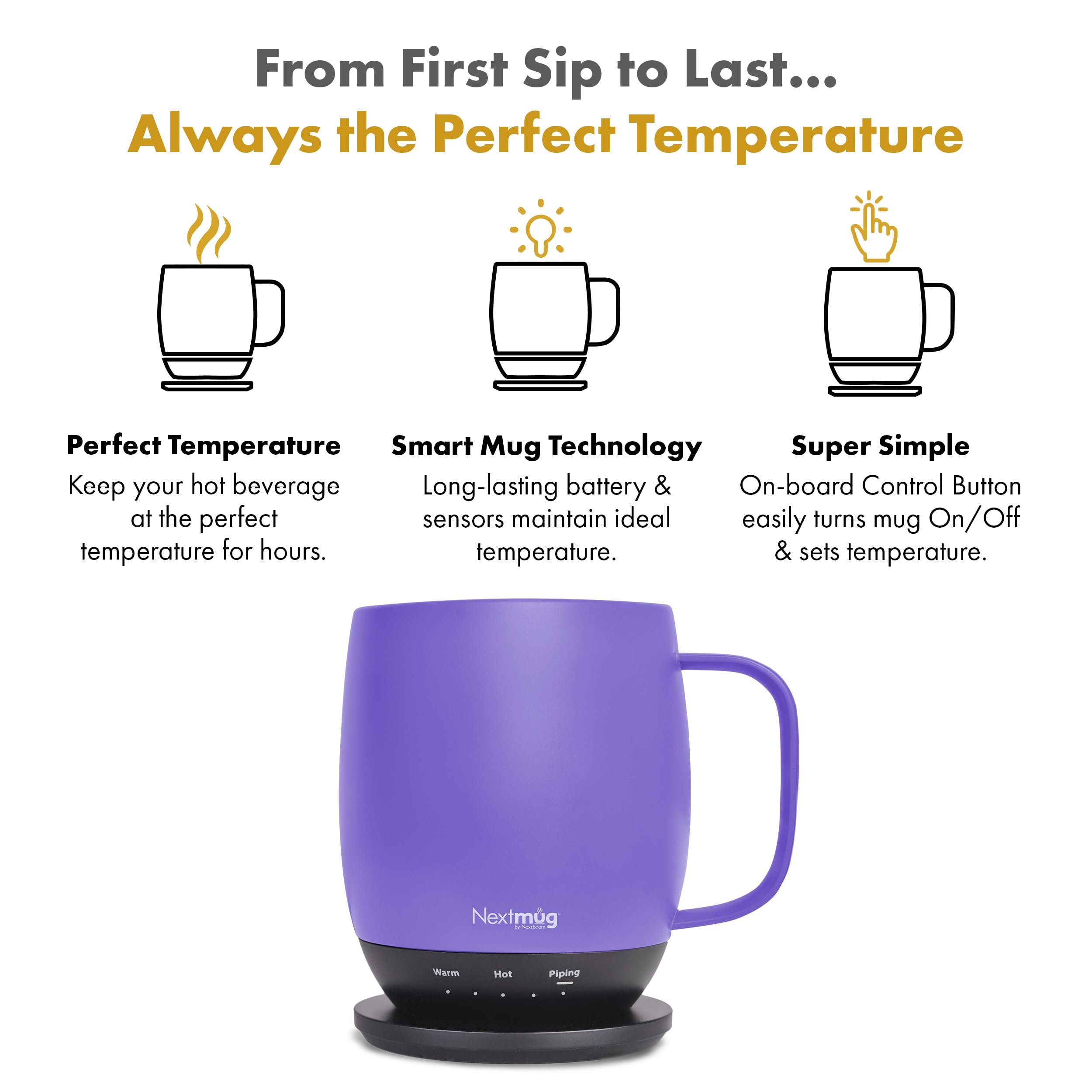 Nextmug Violet 14oz with spill-resistant lid for mess-free travel.
