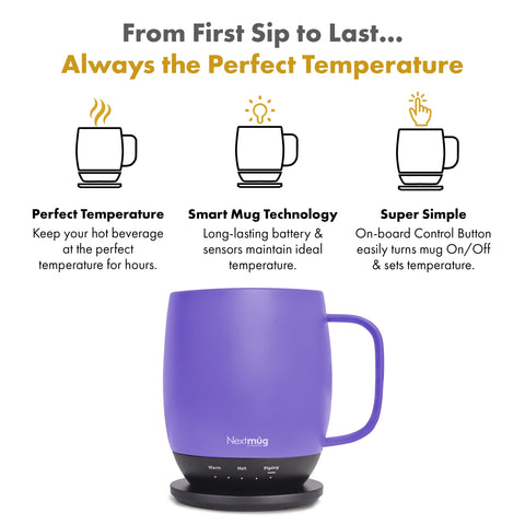 Nextmug Violet 14oz with spill-resistant lid for mess-free travel.