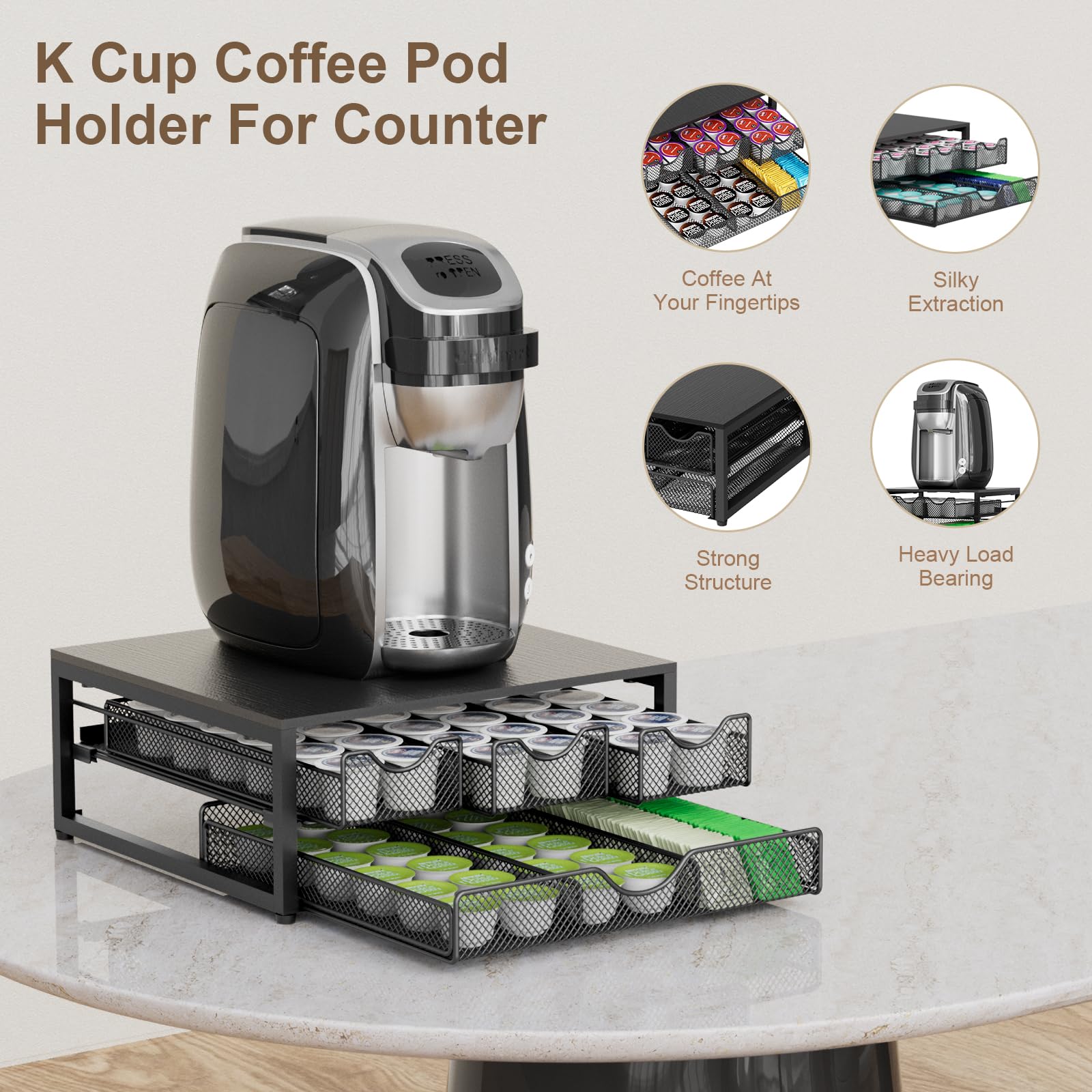 NEYCIL coffee pod holder wooden top and metal frame for durability.