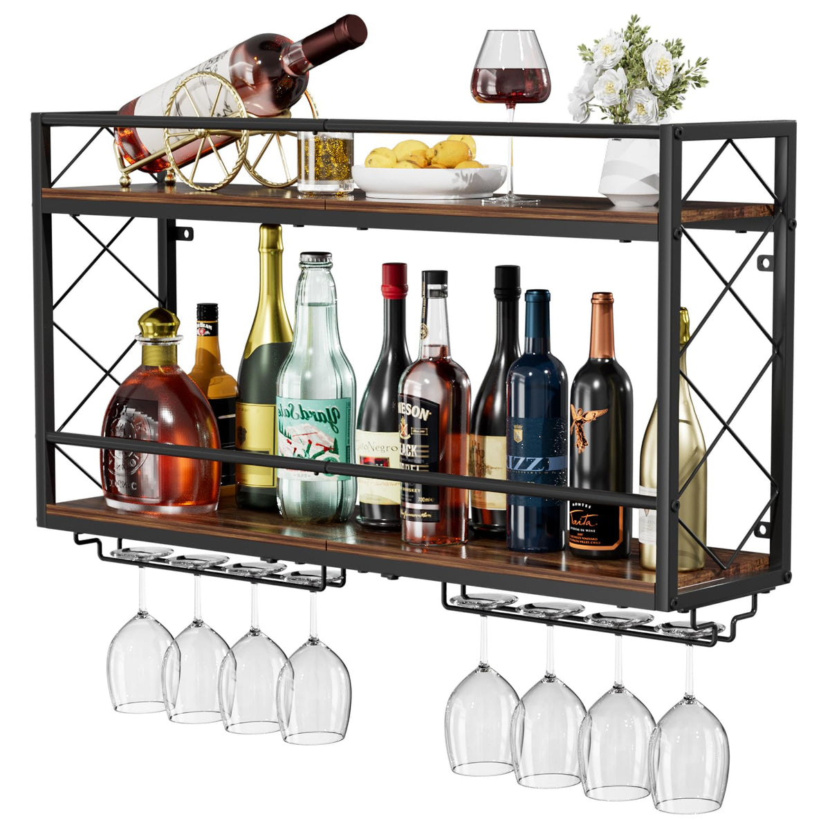 NEYCIL wall-mounted wine rack front view, space-saving two-tier design for organized kitchen storage