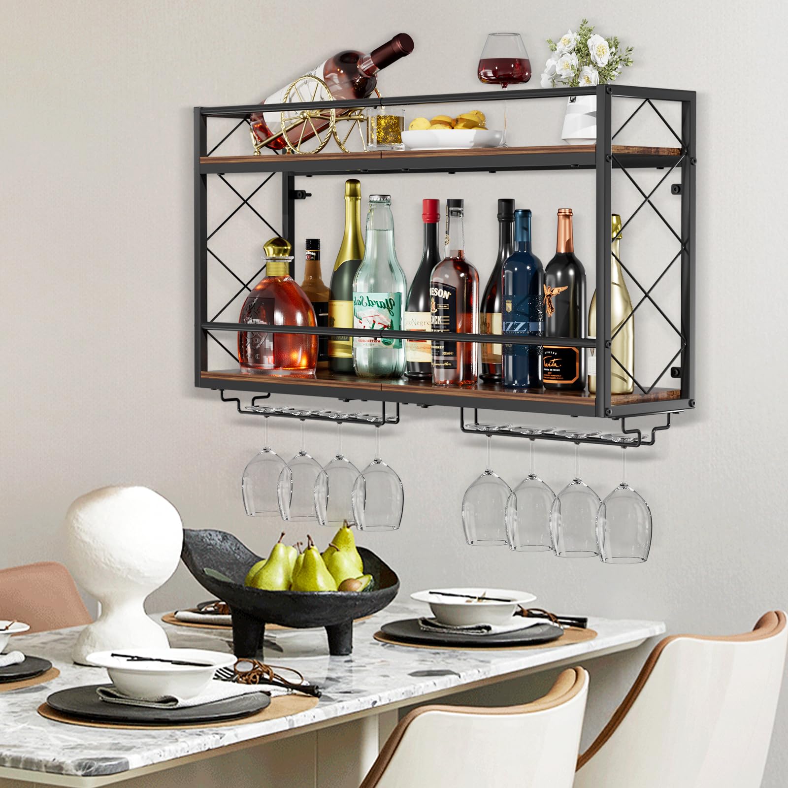 NEYCIL wine rack with two-tier wood shelves for bottles and decor display