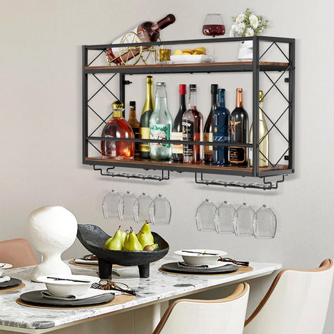 NEYCIL wine rack with two-tier wood shelves for bottles and decor display