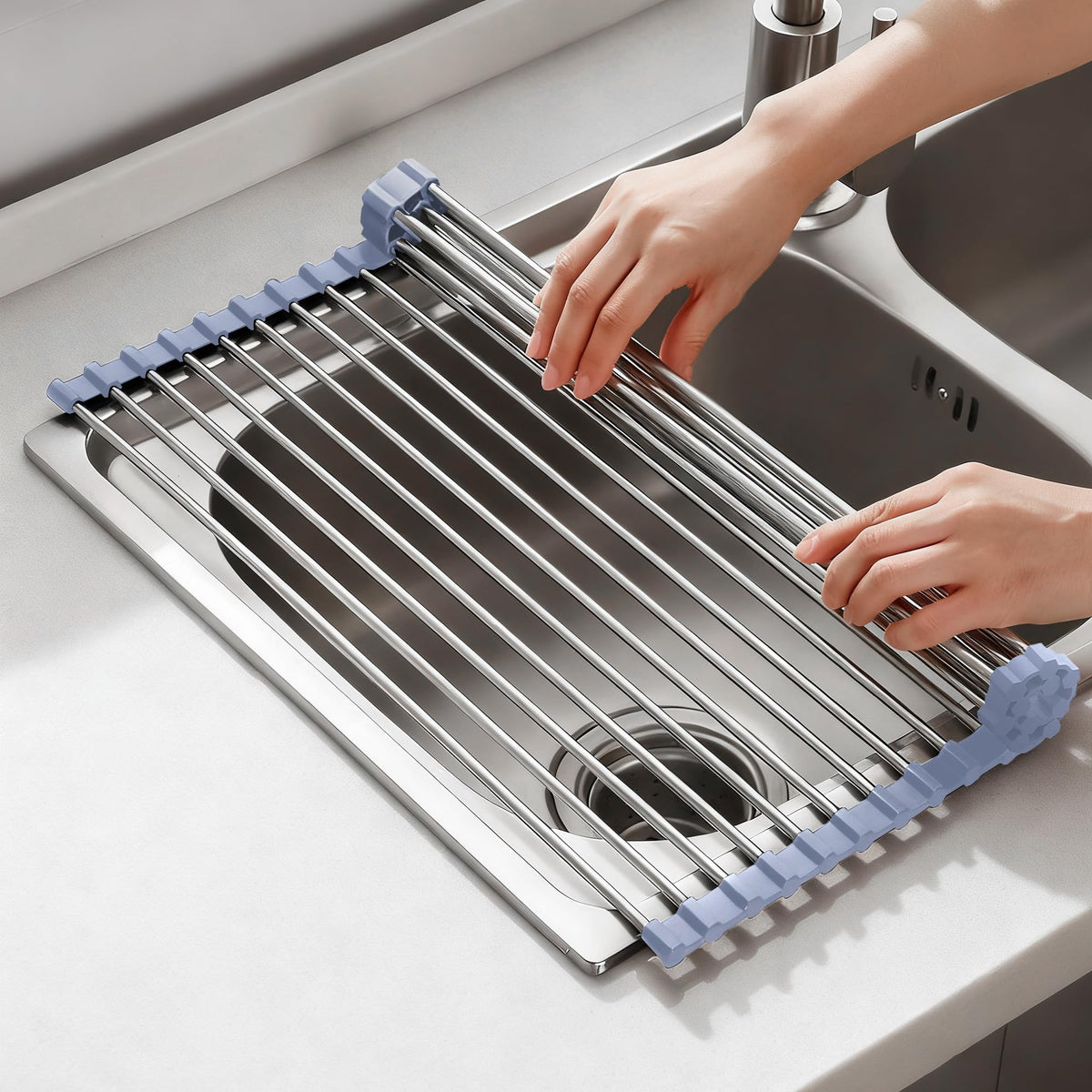 NEZUIBAN drying rack roll-up over sink displaying space-saving dish drying functionality