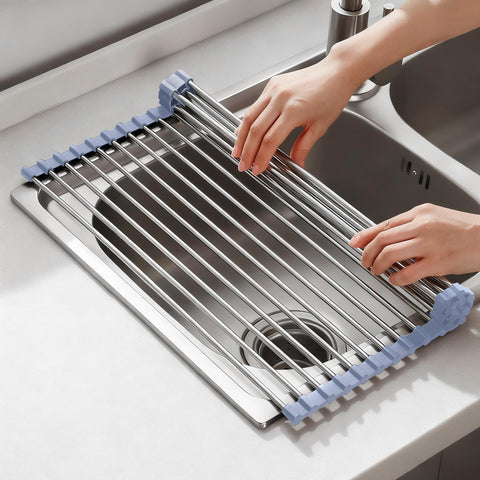 NEZUIBAN drying rack roll-up over sink displaying space-saving dish drying functionality