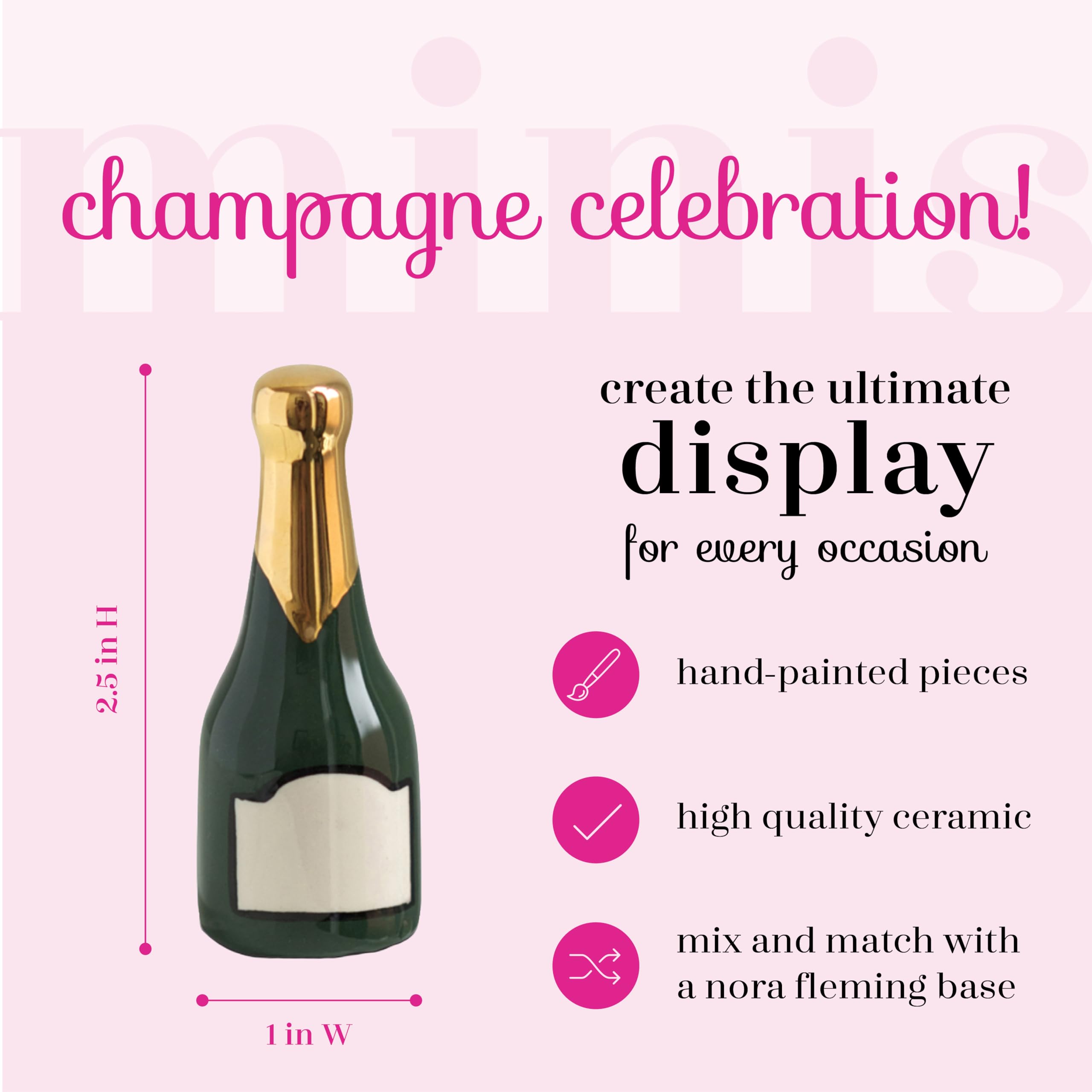 Close-up of Nora Fleming mini showing fine brushwork on a champagne bottle.