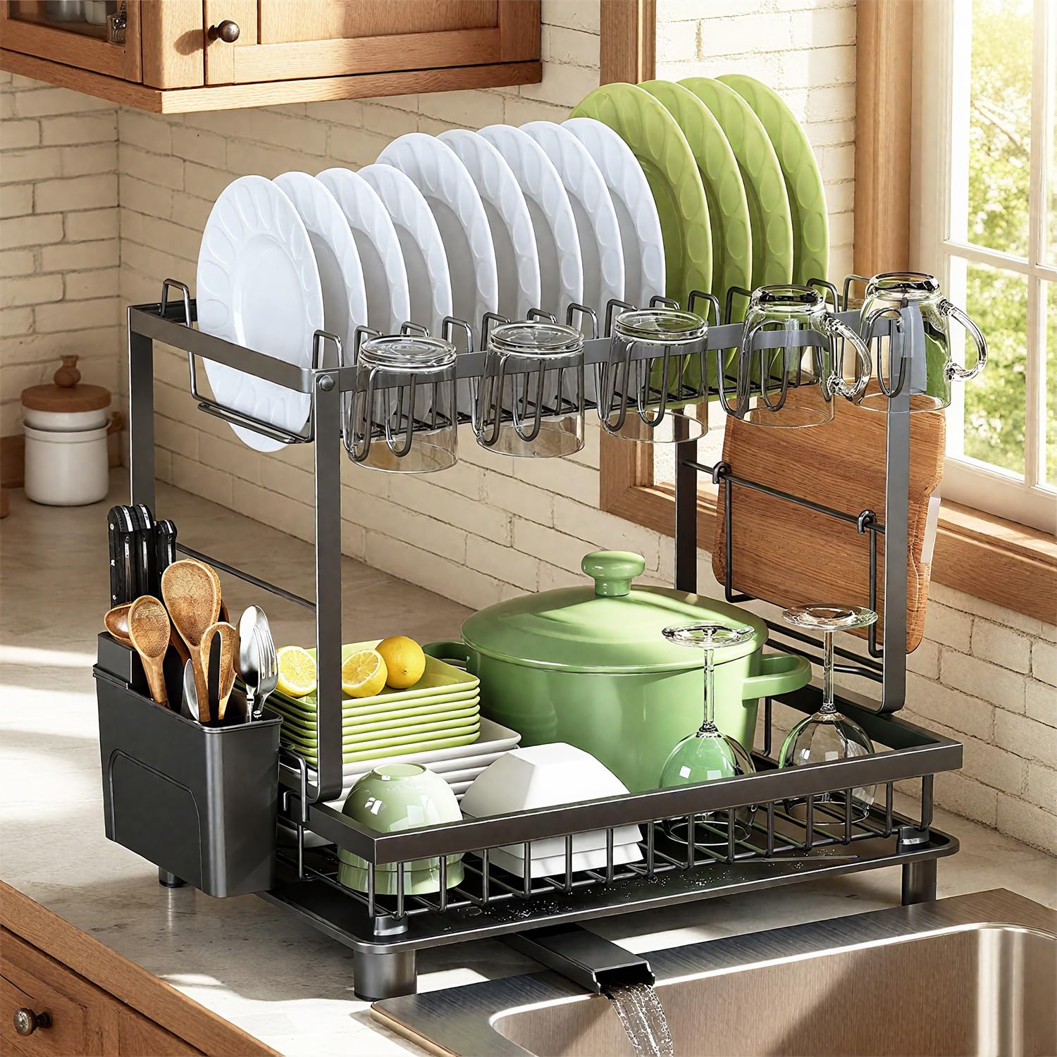 Nfnoyp 2-tier dish drying rack demonstrates space-saving design on a kitchen counter.