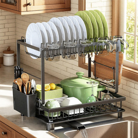 Nfnoyp 2-tier dish drying rack demonstrates space-saving design on a kitchen counter.