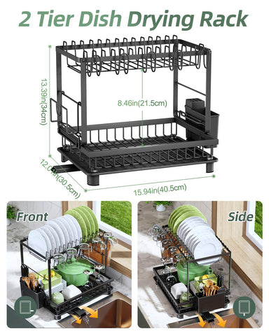 Nfnoyp dish drying rack 2-tier helps dry dishes and bowls efficiently.