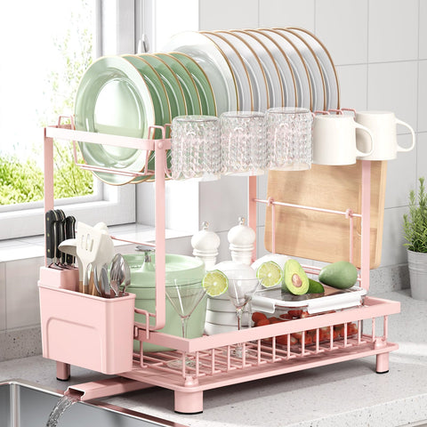 Nfnoyp dish drying rack pink top view highlights compact space-saving design.