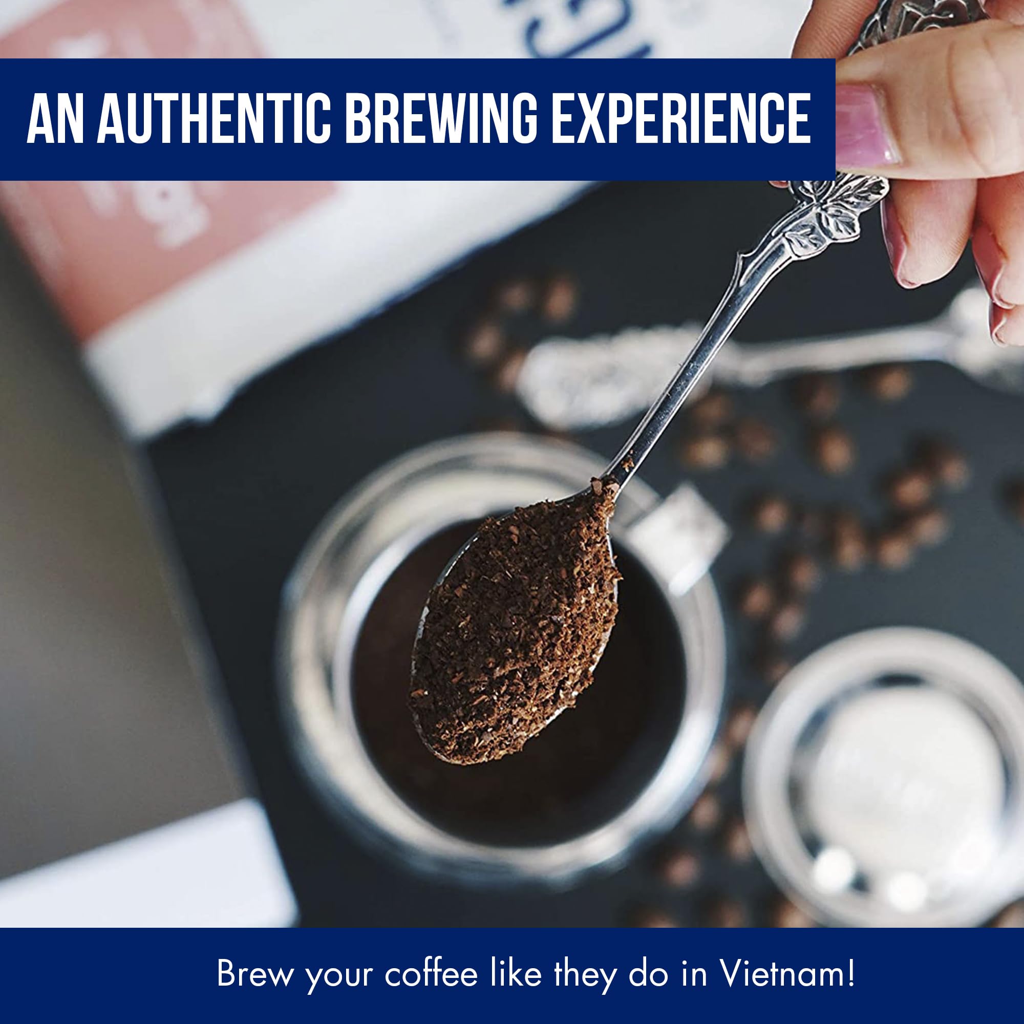 Nguyen Coffee Supply phin brew guide: two tablespoons for robust flavor.