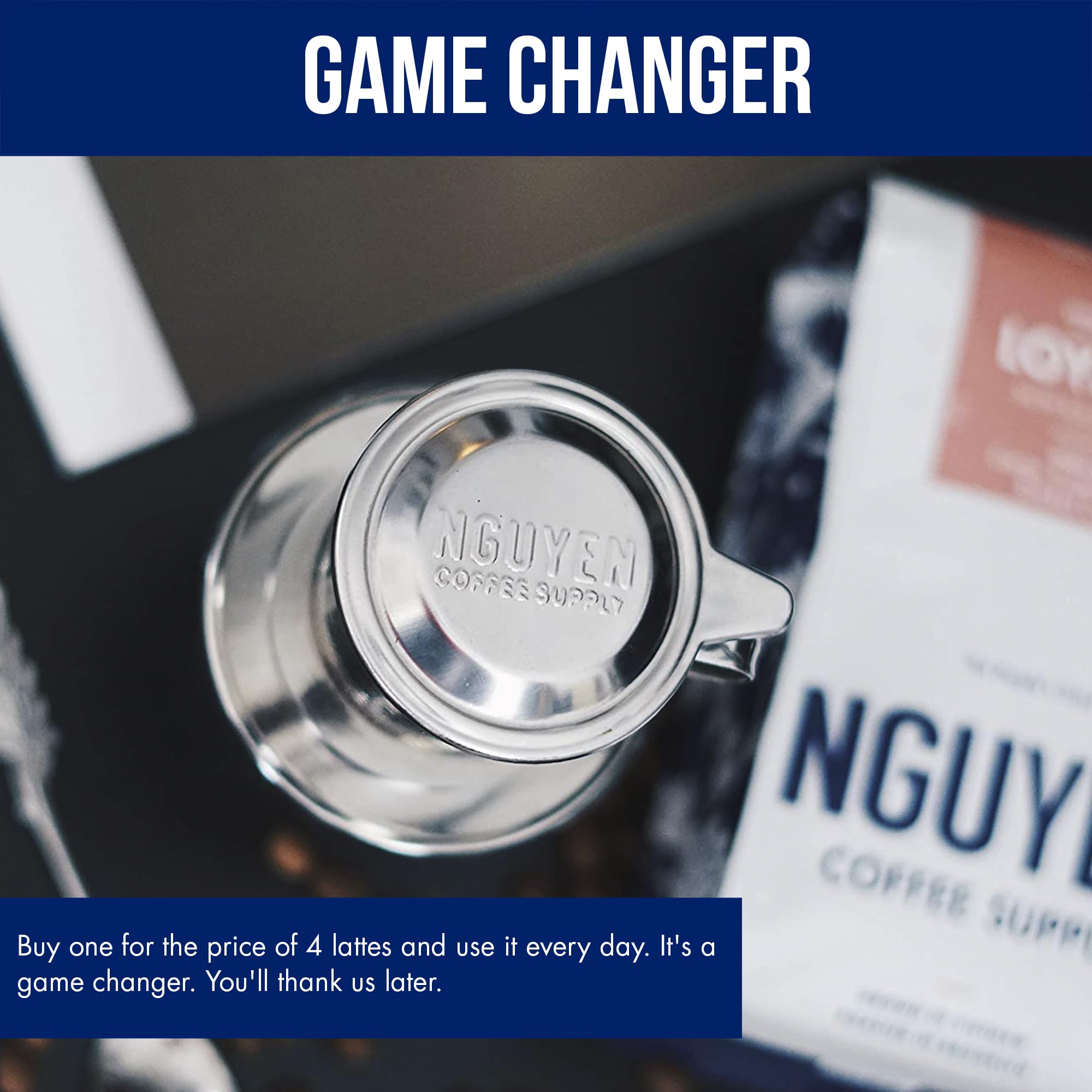 Nguyen Coffee Supply durable stainless steel phin filter for daily use.